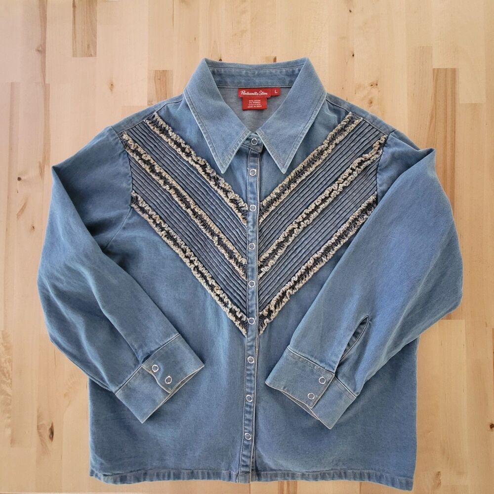 Womens Denim Shirt Silver Snap Close Panhandle Slim 7/8 Sleeve SZ Lg VTG